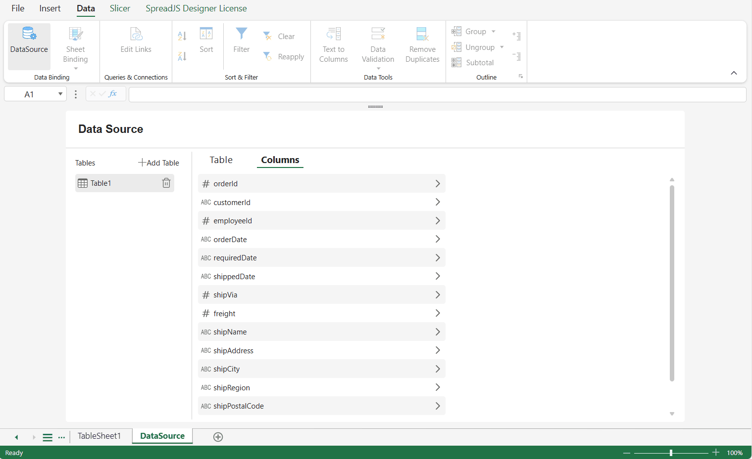 SpreadJS Designer DataSource Columns tab showing column item editing for properties, schema type, relationships, and calculated columns.