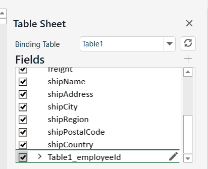 SpreadJS Table Sheet Designer side panel showing a relationship node dragged within the Binding Table fields area.