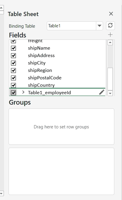 SpreadJS Table Sheet Designer side panel showing a relationship node dragged from Binding Table fields into the Groups area.