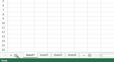SpreadJS All Sheets dialog showing active worksheet highlighting and hover state feedback in the sheet list UI element.