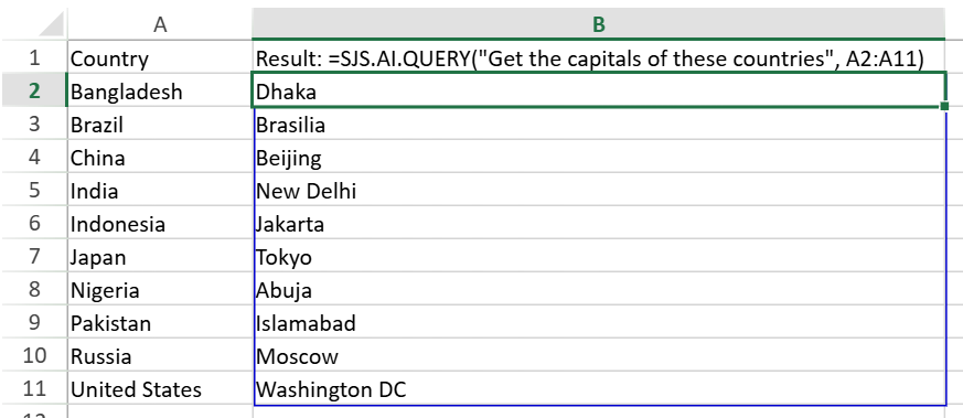 SpreadJS worksheet uses SJS.AI.QUERY with country names from A2:A11 and returns corresponding capital cities as AI-generated results.