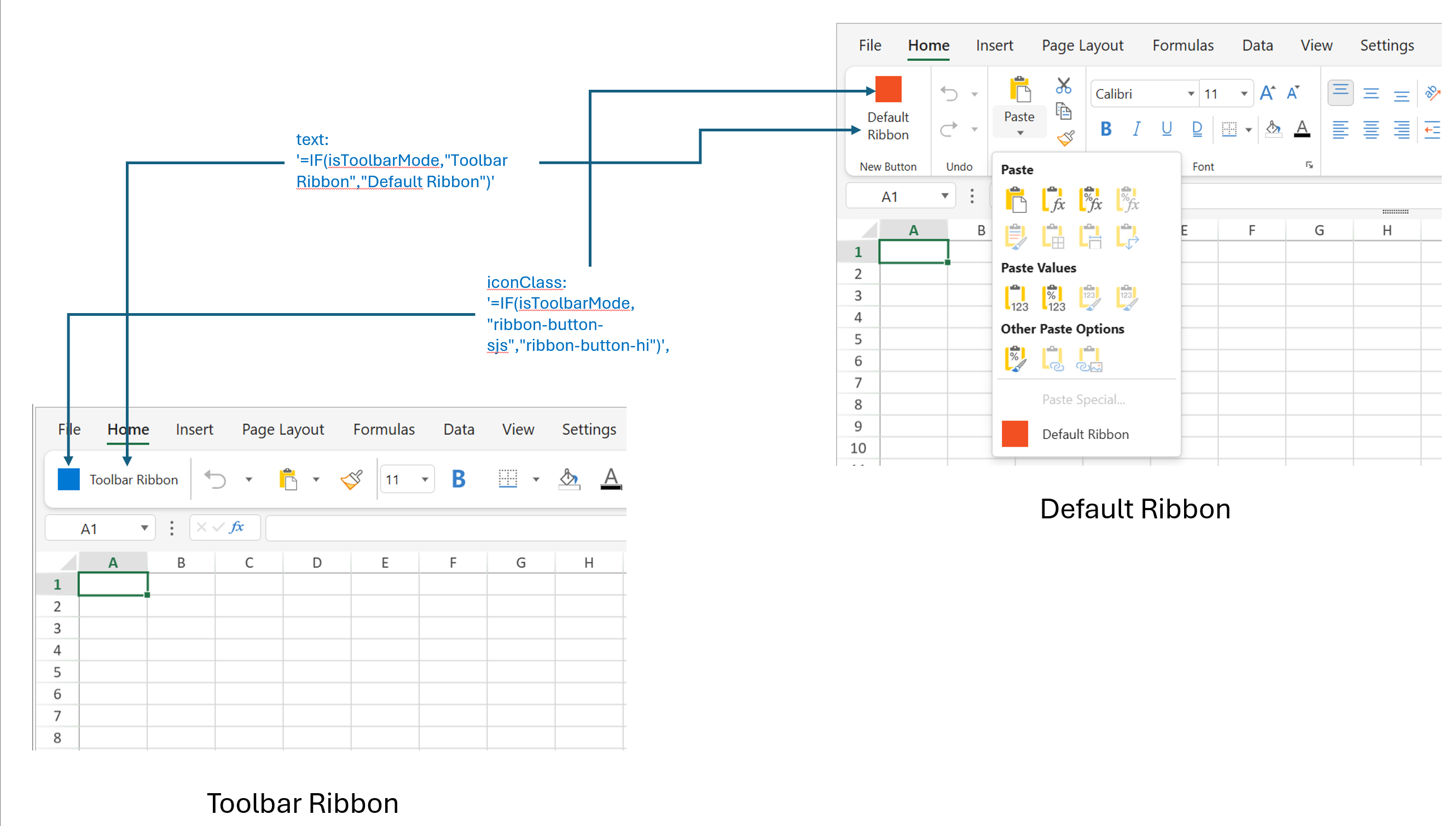 SpreadJS Designer comparison shows a custom command changing its text, icon, button size, and direction between default and toolbar ribbon modes.