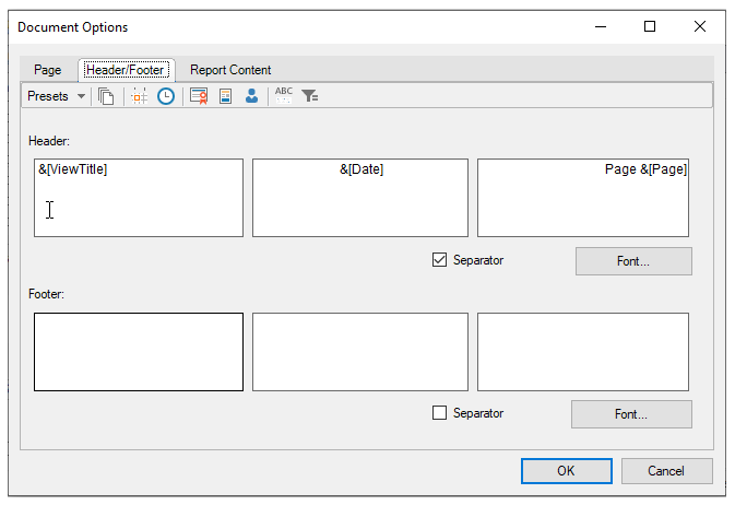 C1WInForms Document Options Header/Footer
