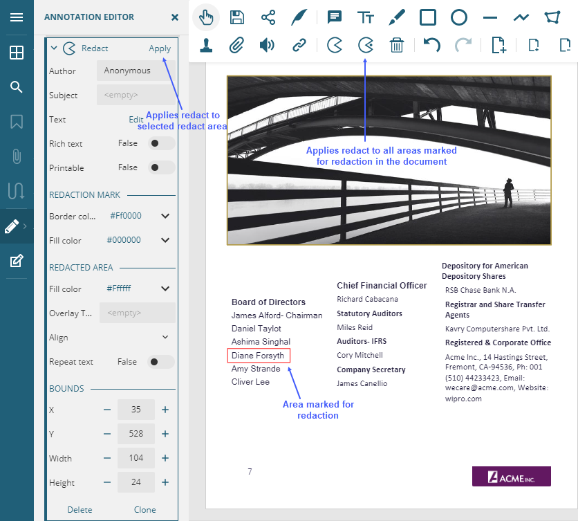 Redaction in a PDF document