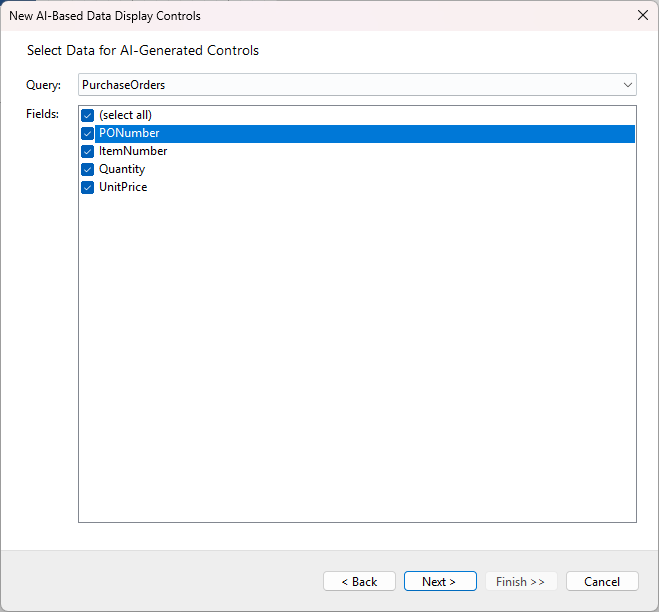 Select Data for AI-Generated Controls dialog