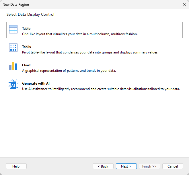 Report Wizard - Select Data Display Control dialog