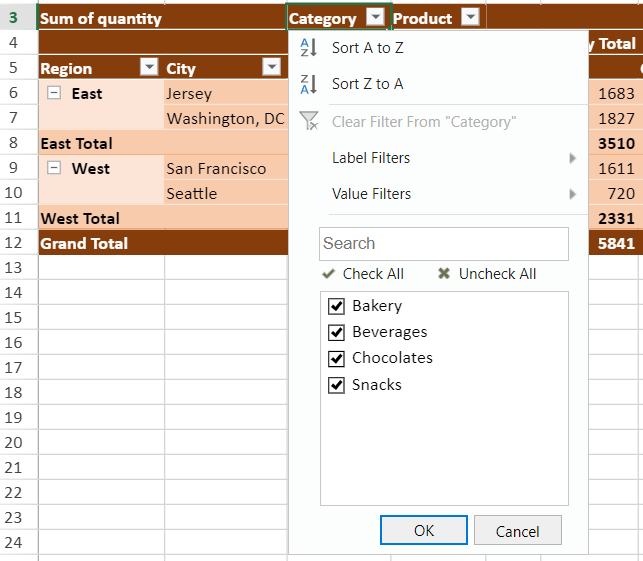 SpreadJS PivotTable Filter dialog presents sorting commands and a selectable field-item list for developers or users to define visible PivotTable data.