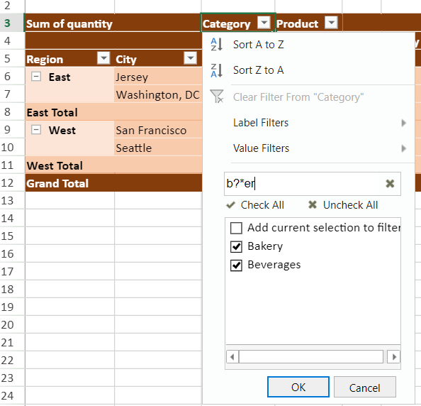 SpreadJS PivotTable Filter dialog uses its search box to locate field items with wildcard characters and optionally merge the current selection into existing filter criteria.