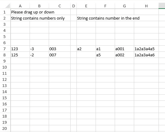 SpreadJS worksheet string drag fill workflow showing cell values with numeric parts generating an incremented string series in a filled cell range.