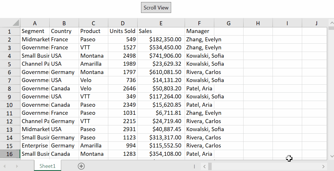 Spread for WPF SmallScroll moves the first worksheet pane three columns right and two rows down for controlled pane navigation.