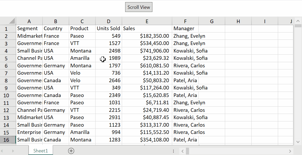 Spread for WPF ScrollIntoView shifts the worksheet pane until the specified rectangular area is visible within the viewport.