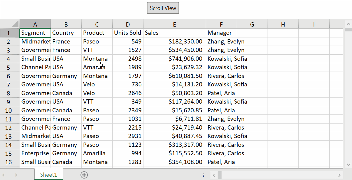 Spread for WPF LargeScroll moves the first worksheet pane one page to the right for faster navigation through a large dataset.
