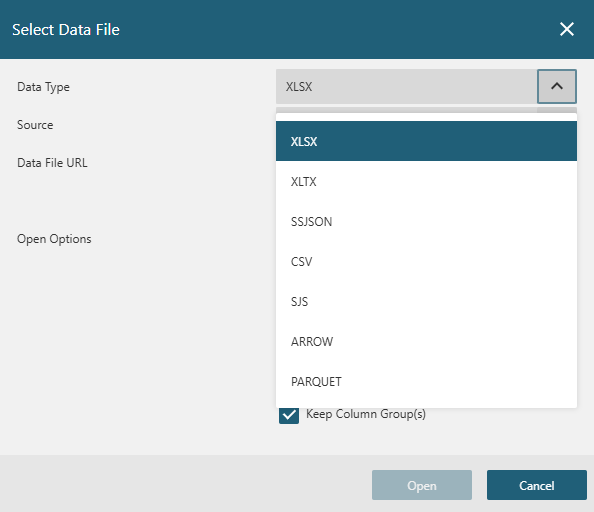 The DsDataViewer Data Type dropdown lists supported formats before users provide a remote data file URL.
