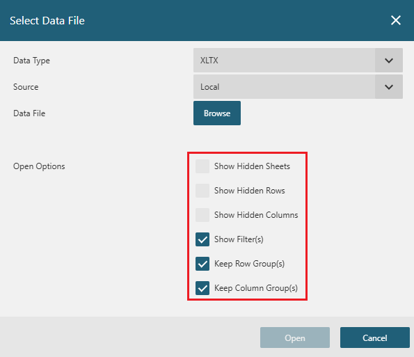 The DsDataViewer XLTX open options configure hidden sheets, hidden rows, hidden columns, filters, and worksheet groups.