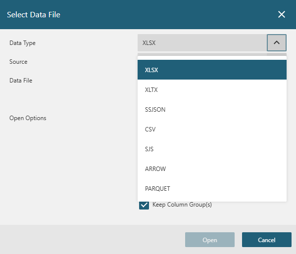 The DsDataViewer Data Type dropdown lists XLSX, XLTX, SSJSON, CSV, SJS, ARROW, and PARQUET file formats.