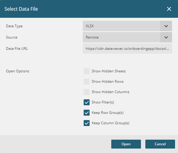 The DsDataViewer Data File URL field contains a remote workbook address ready to open in the viewer.