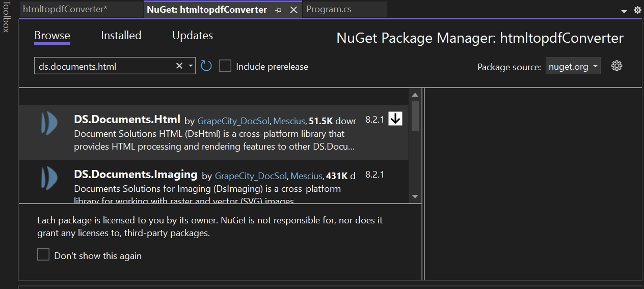 HTML to PDF Conversion using .NET NuGet Packages: DS.Documents.Html, DS.Documents.PDF