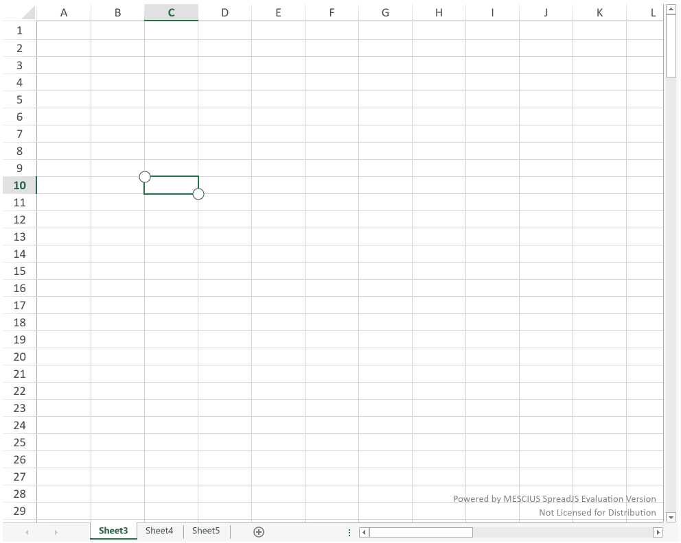 SpreadJS demonstrates selecting entire rows, columns, or the worksheet corner, then dragging selection indicators across adjacent ranges.