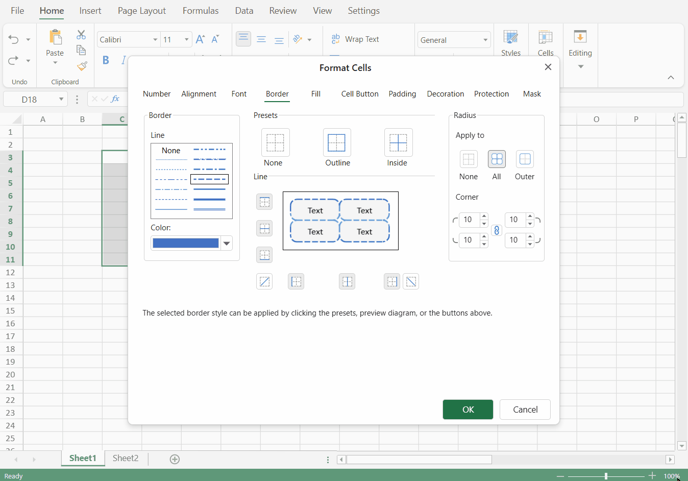 SpreadJS Designer animation compares None, All, and Outer Apply to modes for controlling how a radius edit affects cells within a selected worksheet range.