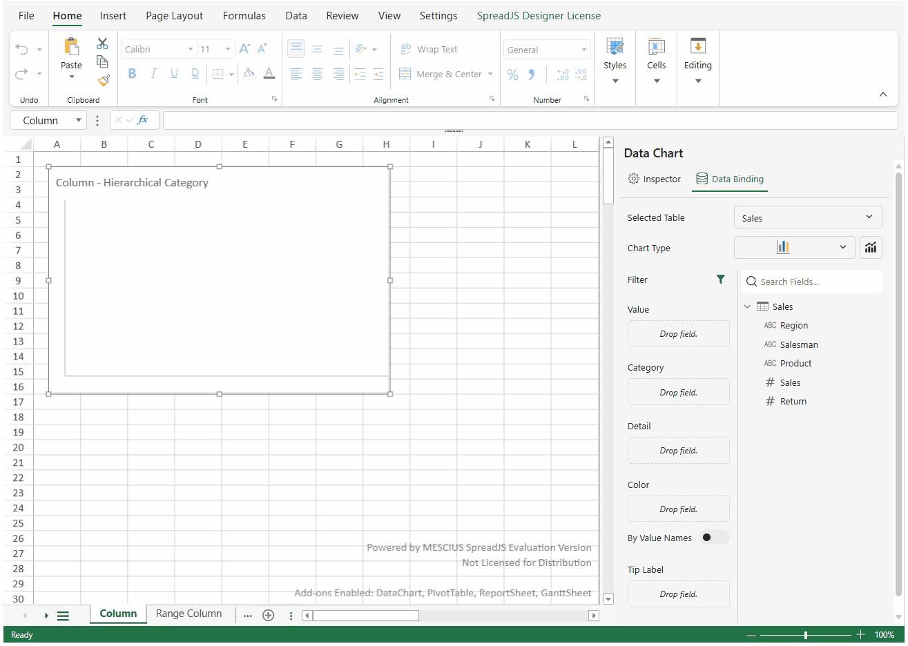 SpreadJS Data Chart Panel demonstrates dragging multiple fields into the single Category drop zone, where insertion order defines category hierarchy.