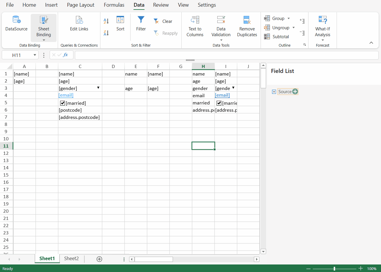 SpreadJS Designer demonstrates selecting bound worksheet cells and using Clear BindingPath to remove their cell-level binding information.