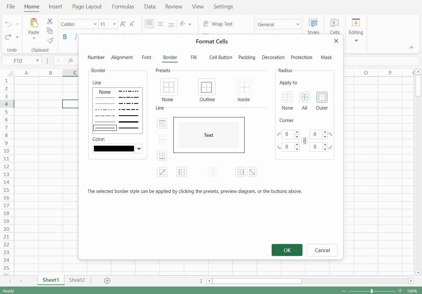 SpreadJS Designer animation demonstrates selecting a border line style and color, applying it with border controls, and reviewing the result in the preview diagram.