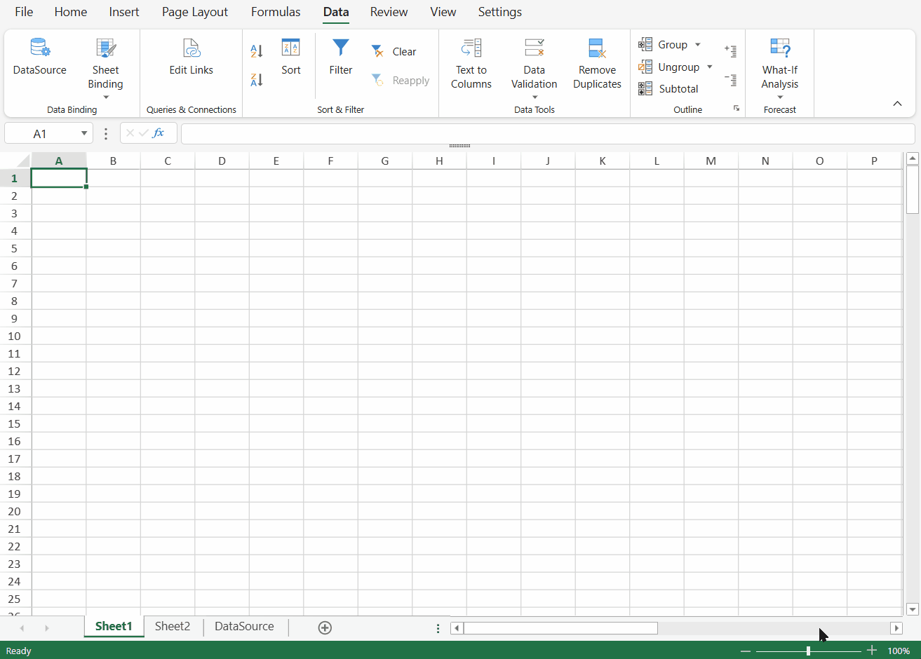 SpreadJS Designer demonstrates selecting a Data Manager table and record index, then resolving worksheet binding paths against that record.