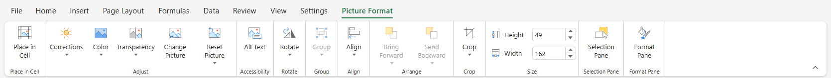 SpreadJS Designer displays the Picture Design tab with formatting and arrangement commands for a selected picture in the worksheet