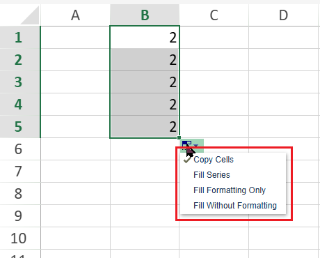 SpreadJS worksheet showing the drag fill options menu with commands such as Copy Cells and Fill Series for choosing fill behavior.