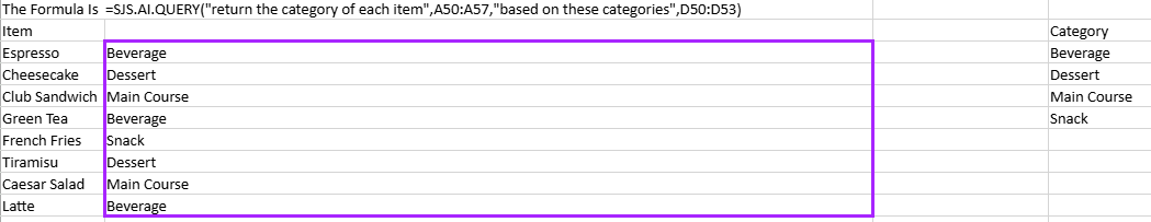 SpreadJS worksheet uses SJS.AI.QUERY to assign categories to B9:B23 using additional category reference data from B27:B31.