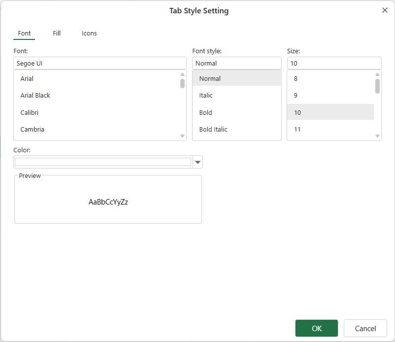 SpreadJS Designer Tab Style Setting dialog showing font, background color, and icon properties for a selected tab state.