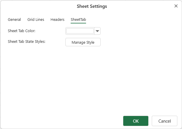 SpreadJS Designer SETTINGS tab showing the SheetTab settings area for configuring sheet tab state style properties.