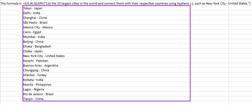 SpreadJS worksheet uses SJS.AI.QUERY to request the twenty largest cities and format each city with its country using hyphens.