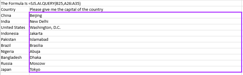 SpreadJS worksheet uses the prompt stored in B25 together with A26:A35 as context for an asynchronous SJS.AI.QUERY result.