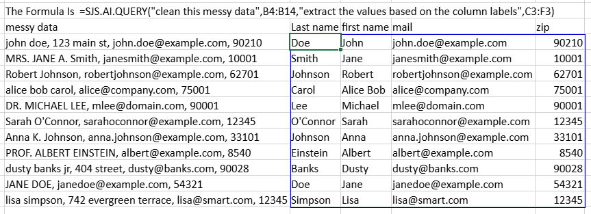 SpreadJS worksheet combines two prompts with B4:B14 and C3:F3 references in SJS.AI.QUERY to clean and extract structured data.