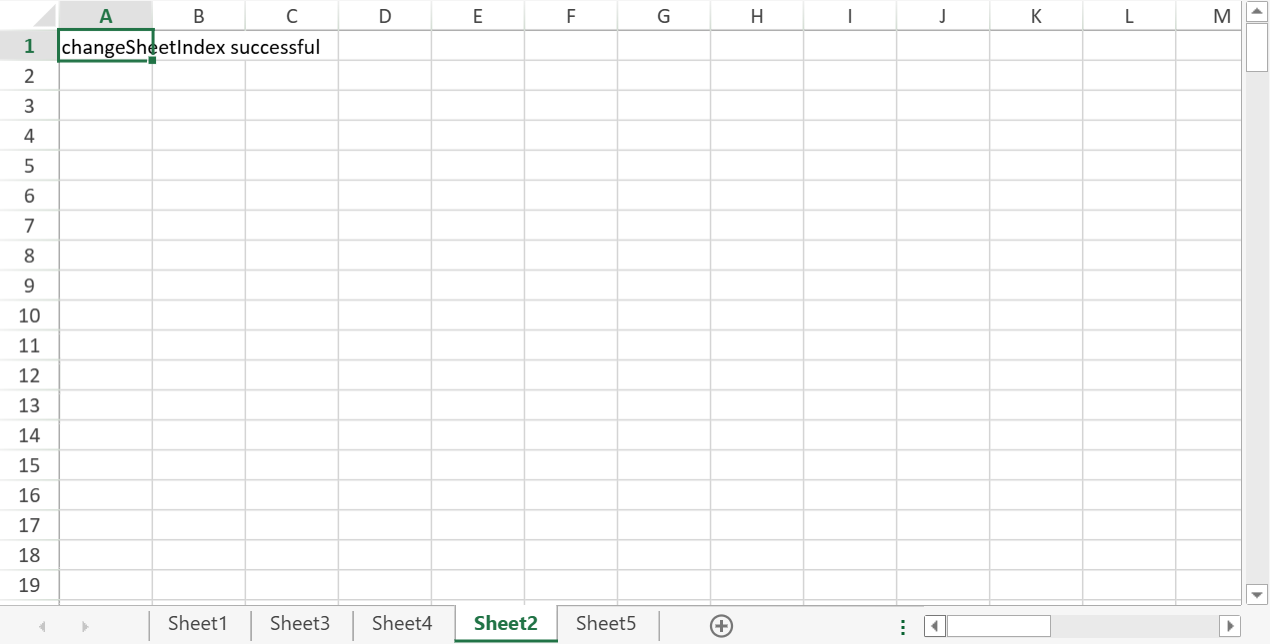 SpreadJS workbook showing a worksheet moved to a new tab index with a cell value confirming changeSheetIndex execution.