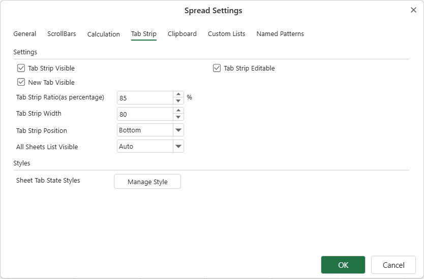 SpreadJS Designer TabStrip settings dialog showing workbook options for configuring tab strip visibility, position, and behavior.