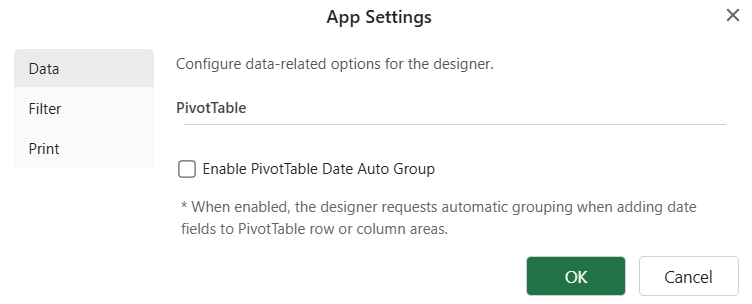 SpreadJS Designer PivotTable settings display the Enable PivotTable Date Auto Group checkbox, allowing developers to automatically organize newly added date fields by hierarchy.