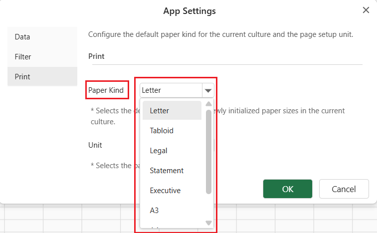 SpreadJS Designer Paper Kind setting displays Letter as the default paper size, helping developers configure culture-specific page dimensions for worksheet printing.