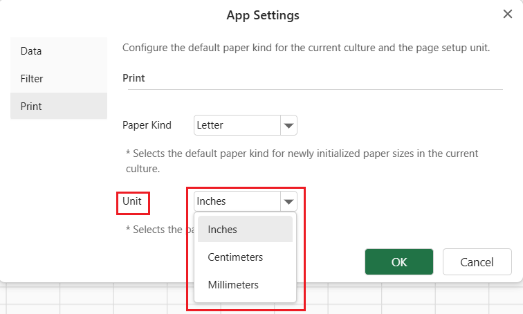 SpreadJS Designer Unit setting displays Inches as the default measurement, controlling page setup dimensions and margin values used for worksheet printing.