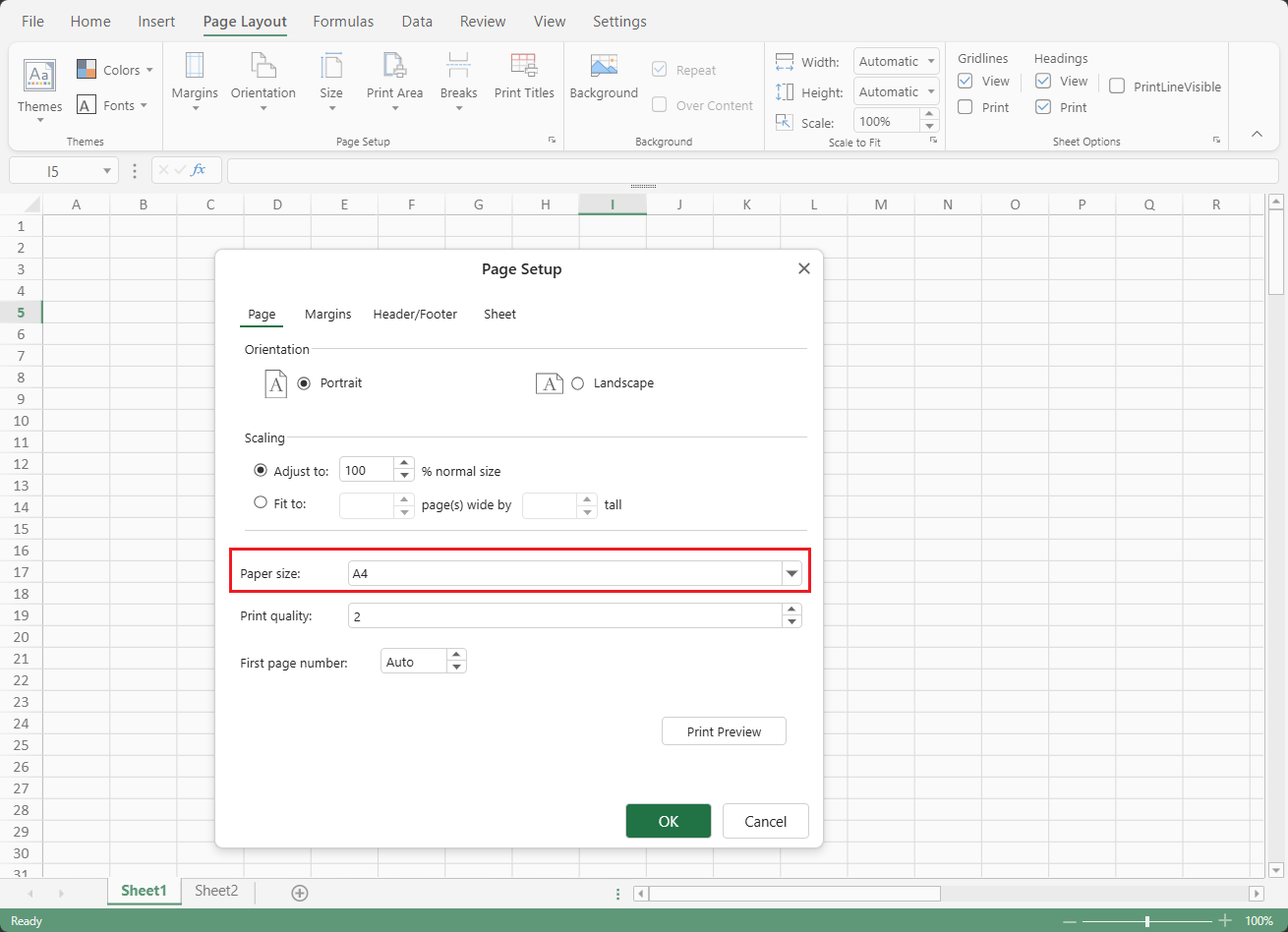 SpreadJS Designer Page Setup dialog displays the Paper size selector used to configure the current worksheet’s print dimensions and locale-appropriate paper format.
