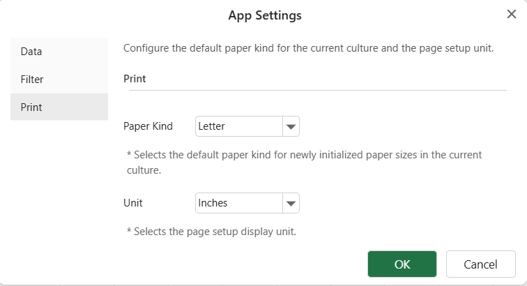 SpreadJS Designer Print settings category presents default page setup options, including Paper Kind and Unit properties for configuring worksheet printing behavior.