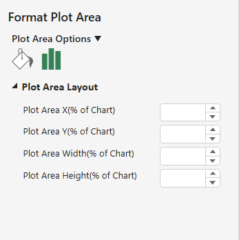SpreadJS Designer Format Plot Area side panel providing layout controls for setting the selected plot area’s horizontal position, vertical position, width, and height.