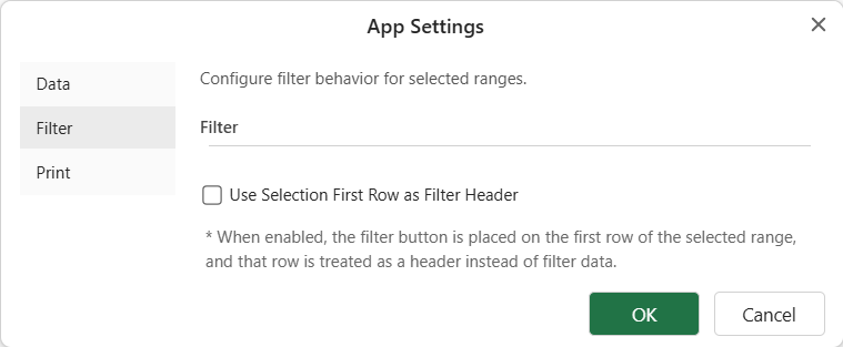SpreadJS Designer Filter settings show Use First Row as Filter Header enabled, configuring the first selected row as filter headers for a worksheet cell range.