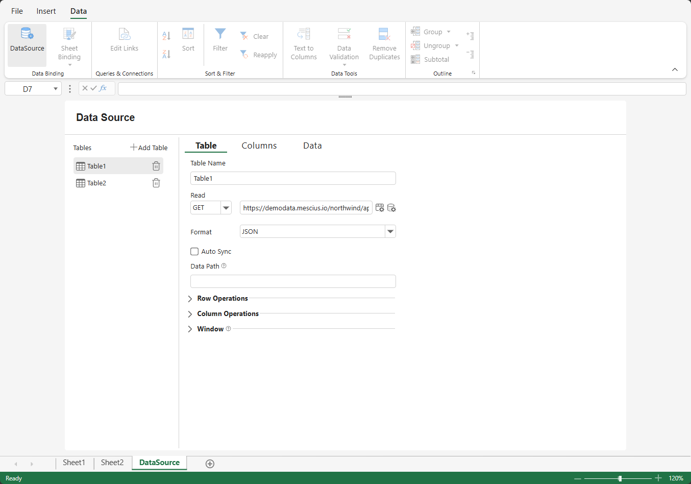 SpreadJS Designer DataSource view shows a table configured with an external CRUD URL, while the Columns tab is used to fetch table fields.
