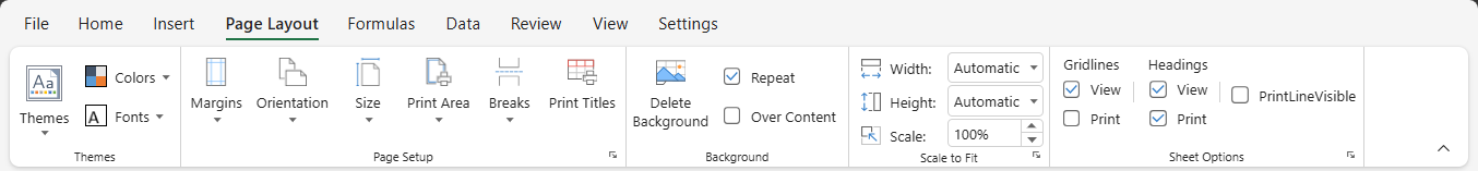 SpreadJS Designer Page Layout tab showing Background commands for setting repeat, over-content, and delete background image options.