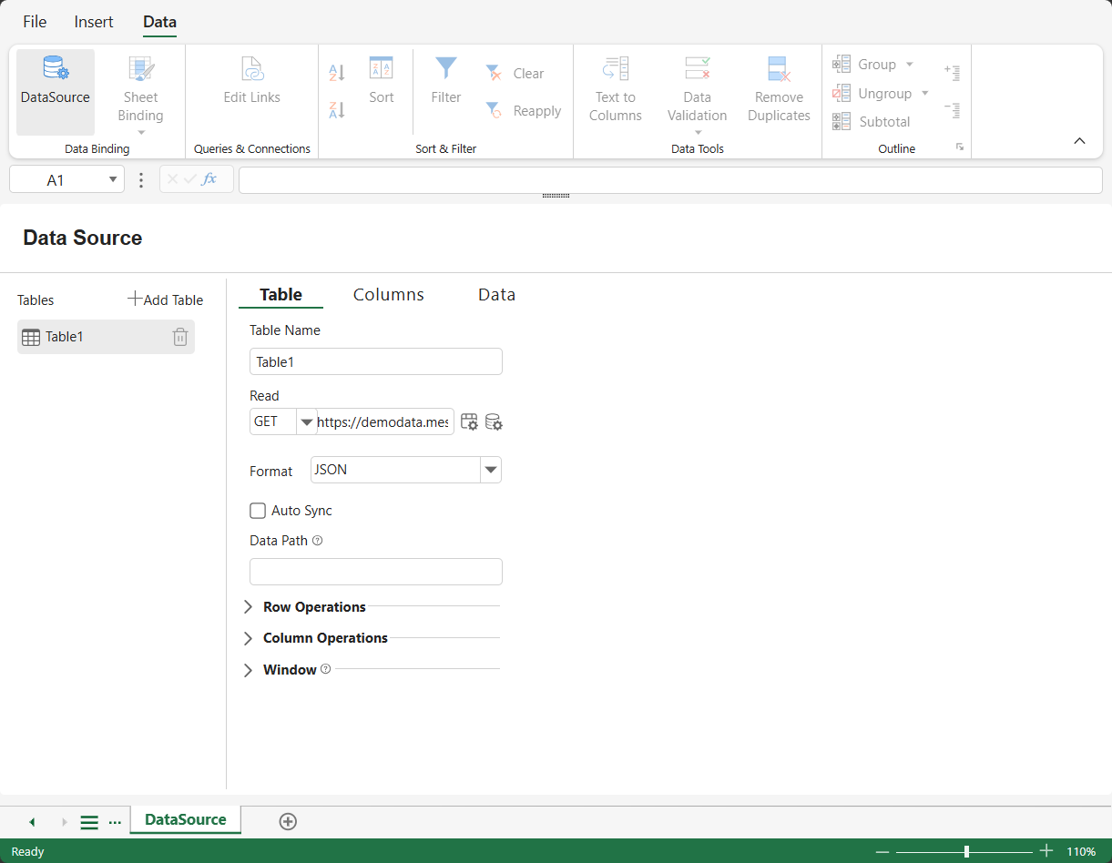 SpreadJS Designer DataSource panel displays a configured Data Manager table that can serve as the worksheet binding source.