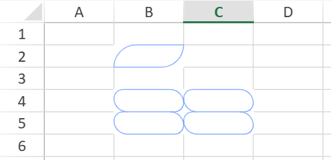 SpreadJS worksheet showing rounded corners on an individual cell and a multi-cell range after developers apply different values with the borderRadius method.