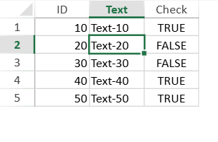 SpreadJS worksheet displays bound ID, Text, and Check fields from a JavaScript object array, including Boolean cell values.