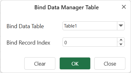 SpreadJS Designer Bind Data Manager Table dialog accepts a zero-based record index that determines the active binding record.
